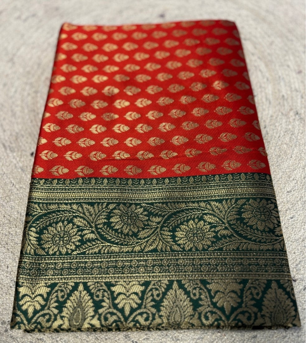 Women's Jacquard Printed Saree With Unstitched Blouse - 5.5 Mtr (Red-Dark Green)
