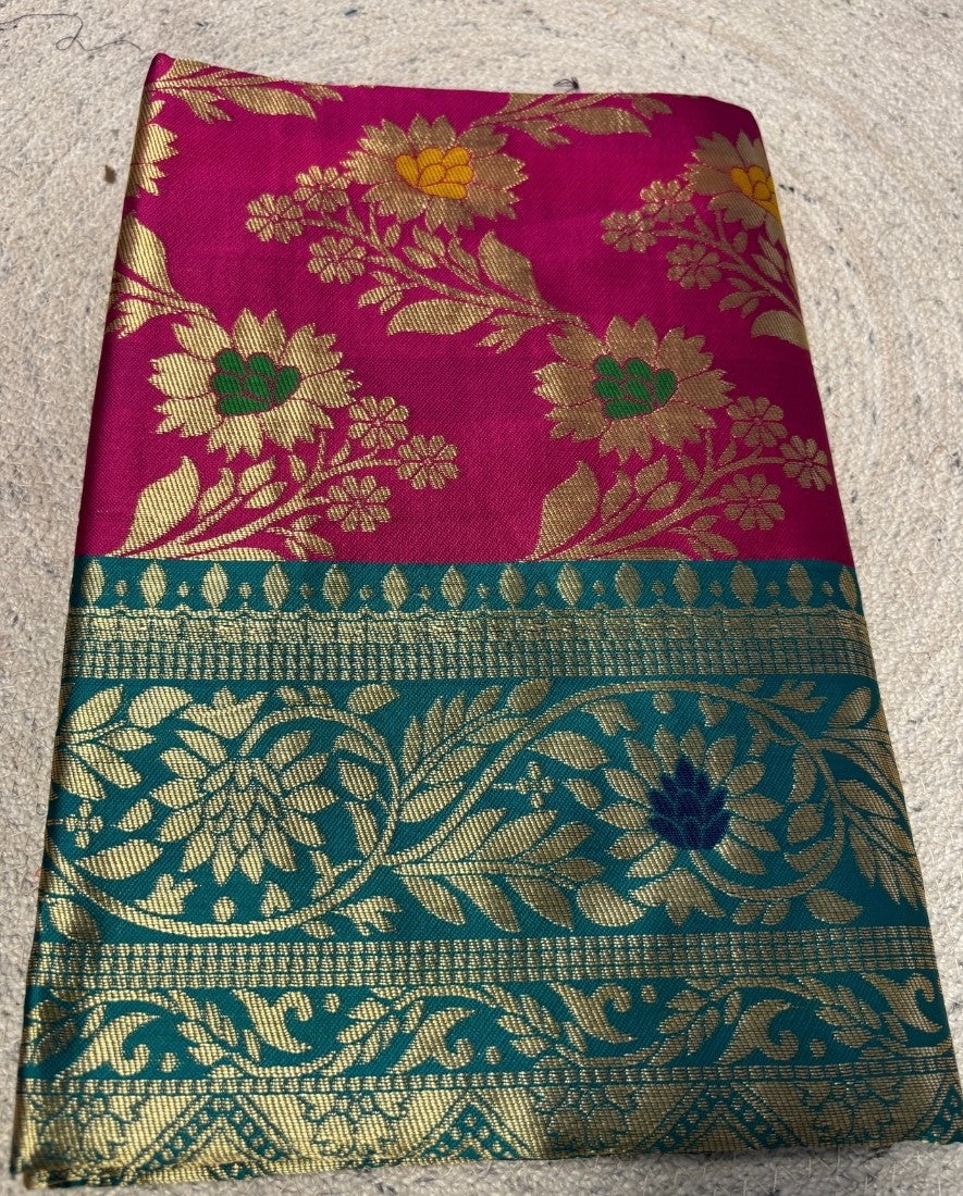 Women's Jacquard Floral Printed Saree With Unstitched Blouse - 5.5 Mtr (Magenta-Teal)
