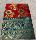 Women's Jacquard Floral Printed Saree With Unstitched Blouse - 5.5 Mtr (Red-Teal)