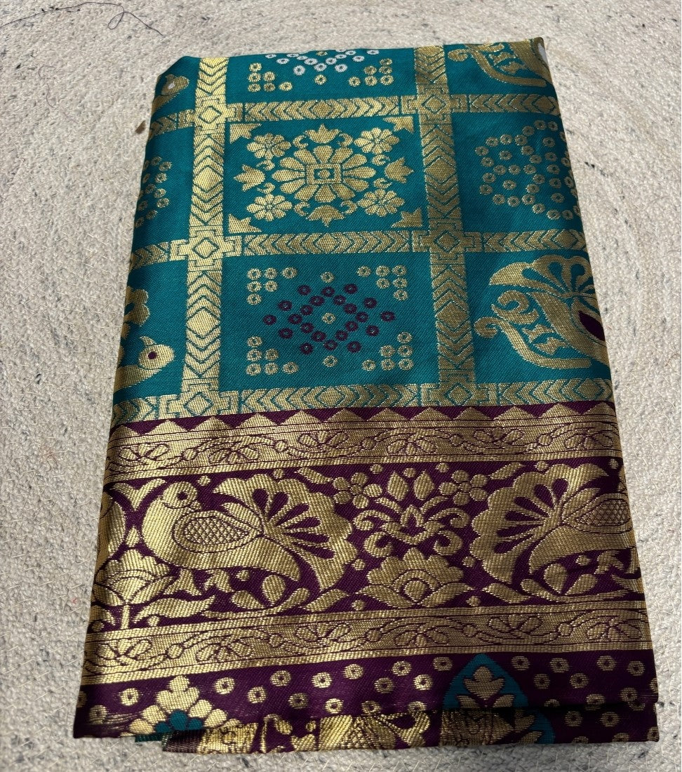 Women's Jacquard Printed Saree With Unstitched Blouse - 5.5 Mtr (Teal-Purple)