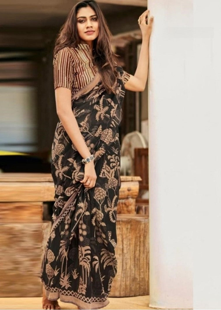 Women's Linen Cotton Printed Saree With Unstitched Blouse - 5.5 Mtr (Black)