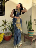 Women's Linen Cotton Printed Saree With Unstitched Blouse - 5.5 Mtr (Blue)