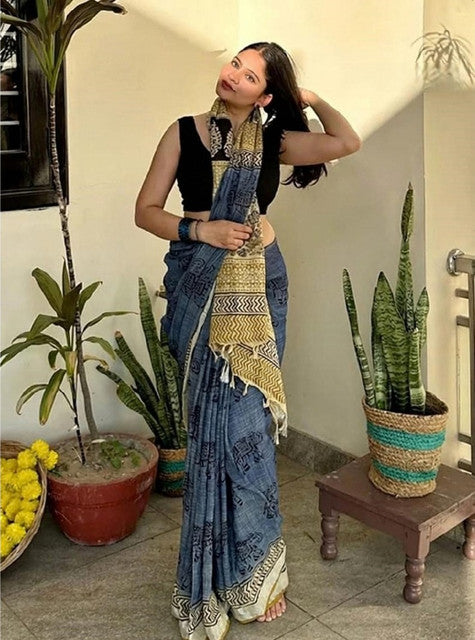 Women's Linen Cotton Printed Saree With Unstitched Blouse - 5.5 Mtr (Blue)