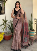 Women's Linen Cotton Printed Saree With Unstitched Blouse - 5.5 Mtr (Brown)