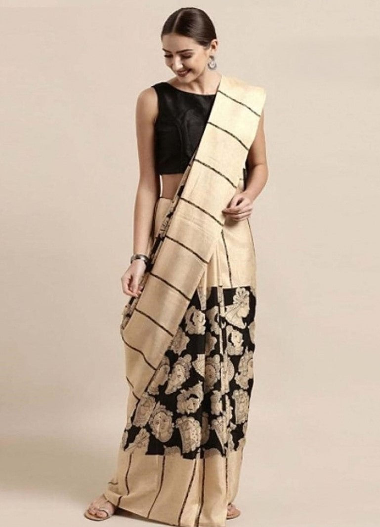 Women's Linen Cotton Printed Saree With Unstitched Blouse - 5.5 Mtr (Cream-Black)