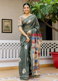 Women's Linen Cotton Printed Saree With Unstitched Blouse - 5.5 Mtr (Green)