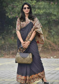 Women's Linen Cotton Kalamkari Printed Saree With Unstitched Blouse - 5.5 Mtr (Multicolor)