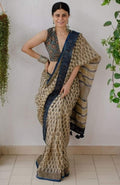 Women's Linen Cotton Printed Saree With Unstitched Blouse - 5.5 Mtr (Cream-Blue)
