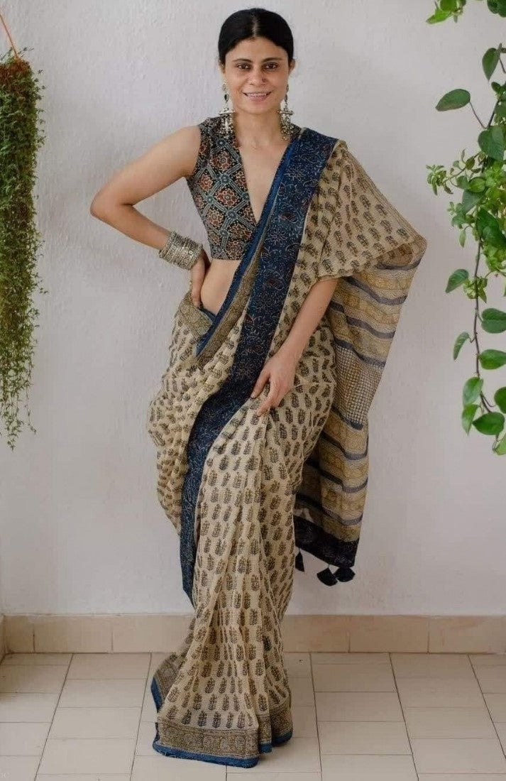 Women's Linen Cotton Printed Saree With Unstitched Blouse - 5.5 Mtr (Cream-Blue)