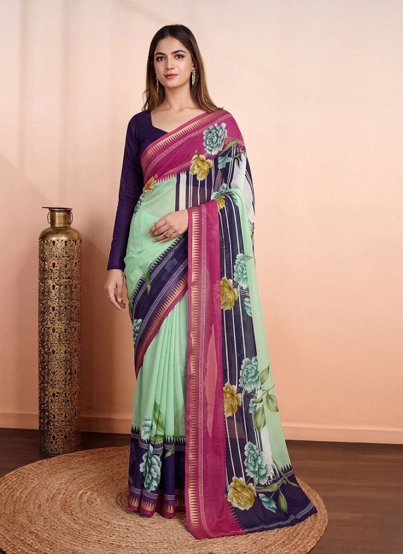 Women's Marshmallow Cotton Floral Printed Saree With Unstitched Blouse - 5.5 Mtr (Multicolor)