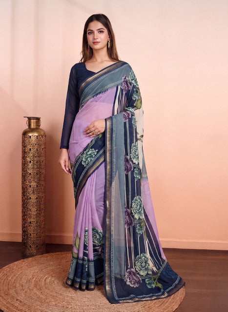 Women's Marshmallow Cotton Floral Printed Saree With Unstitched Blouse - 5.5 Mtr (Multicolor)