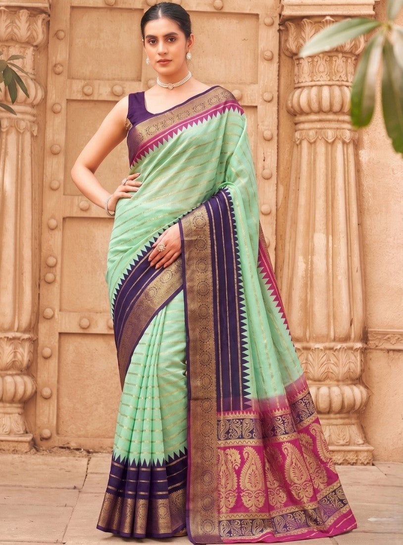 Women's Marshmallow Cotton Striped Saree With Unstitched Blouse - 5.5 Mtr (Multicolor)