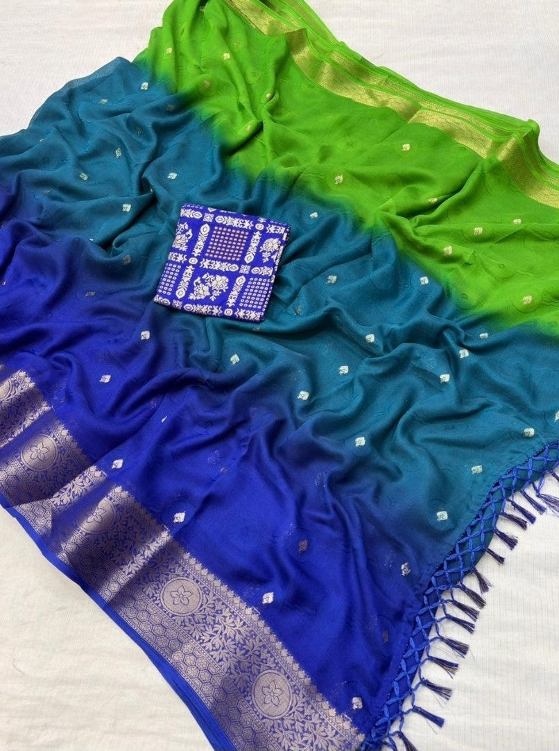 Women's Marshmallow Cotton Printed Saree With Unstitched Blouse - 5.5 Mtr (Blue-Green)